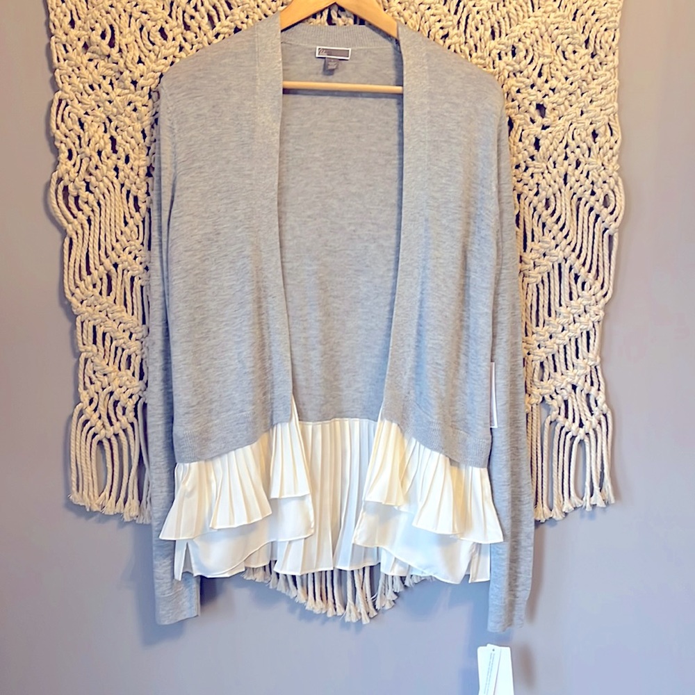 Chelsea28 Gray Light-Weight Cardigan Cream Ruffle Hem Sweater